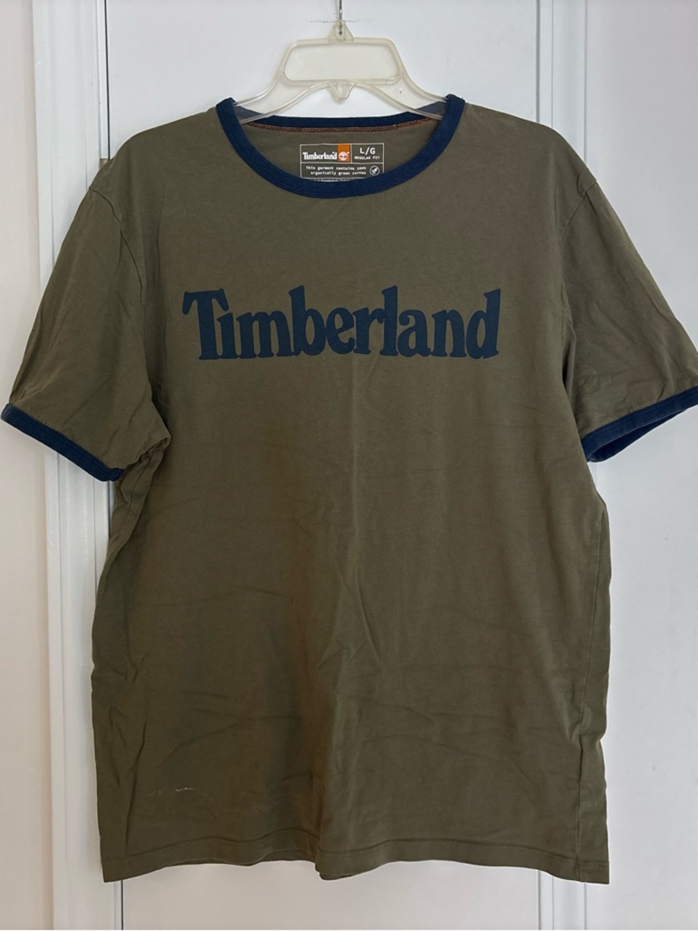 Timberland Olive Green Short Sleeve Logo Tee with Navy Trim